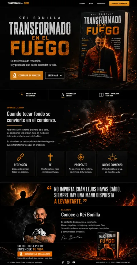 Full-length view of the Transformado en el Fuego homepage