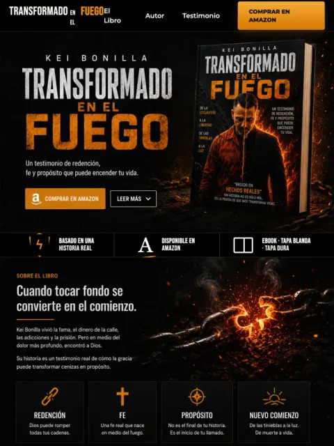 The Transformado en el Fuego homepage on a tablet